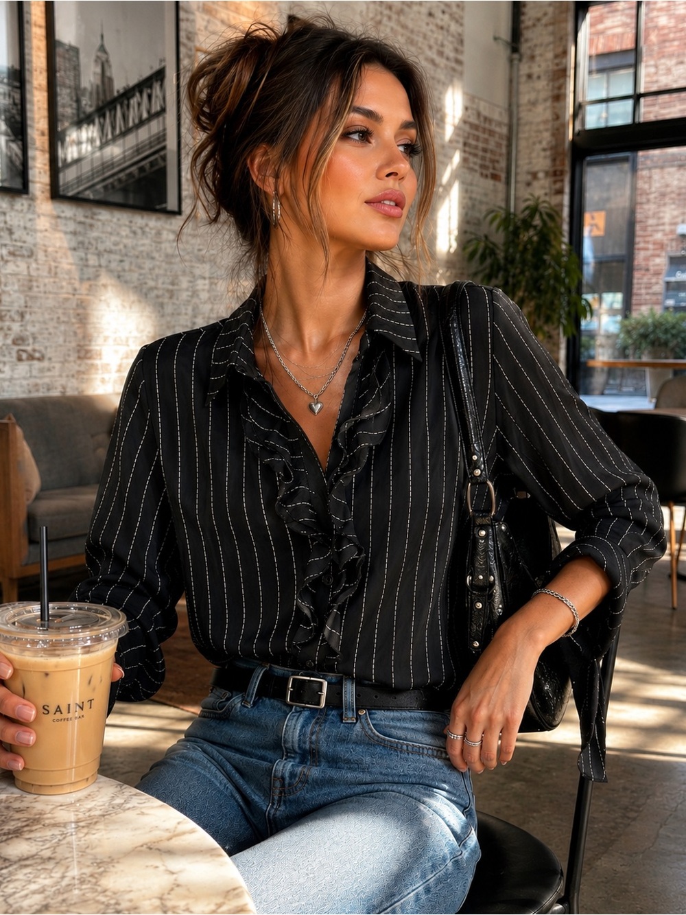 Della Spiga Black and White Ruffled Front Blouse